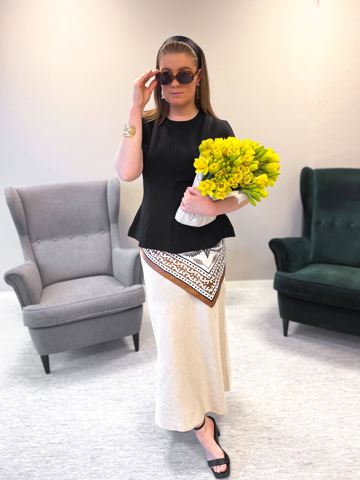 Pellavasekoitetta oleva midihame - Beige - 7