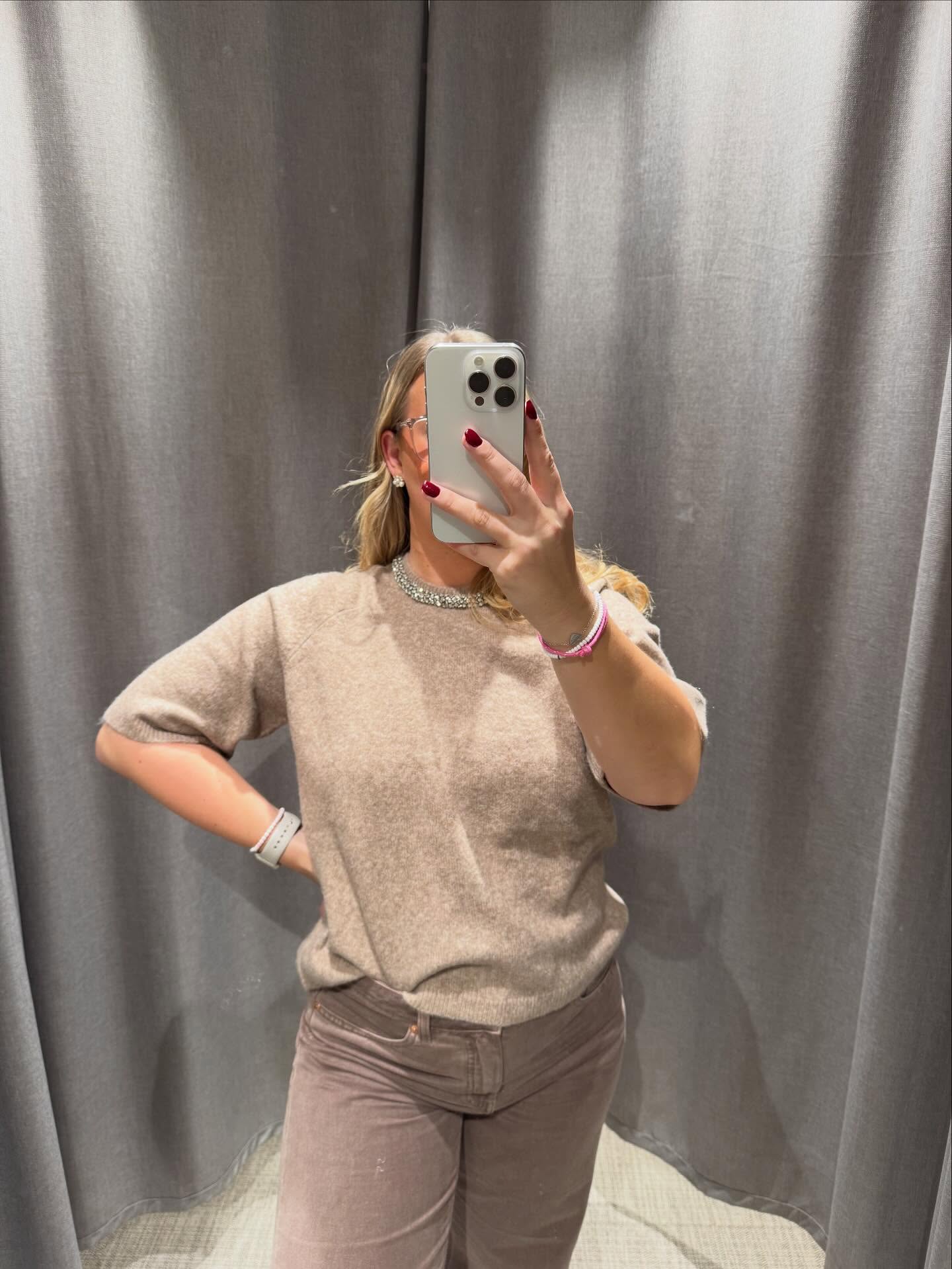 Sweter z dzianiny, z kryształkami - Brązowy melanż - 8