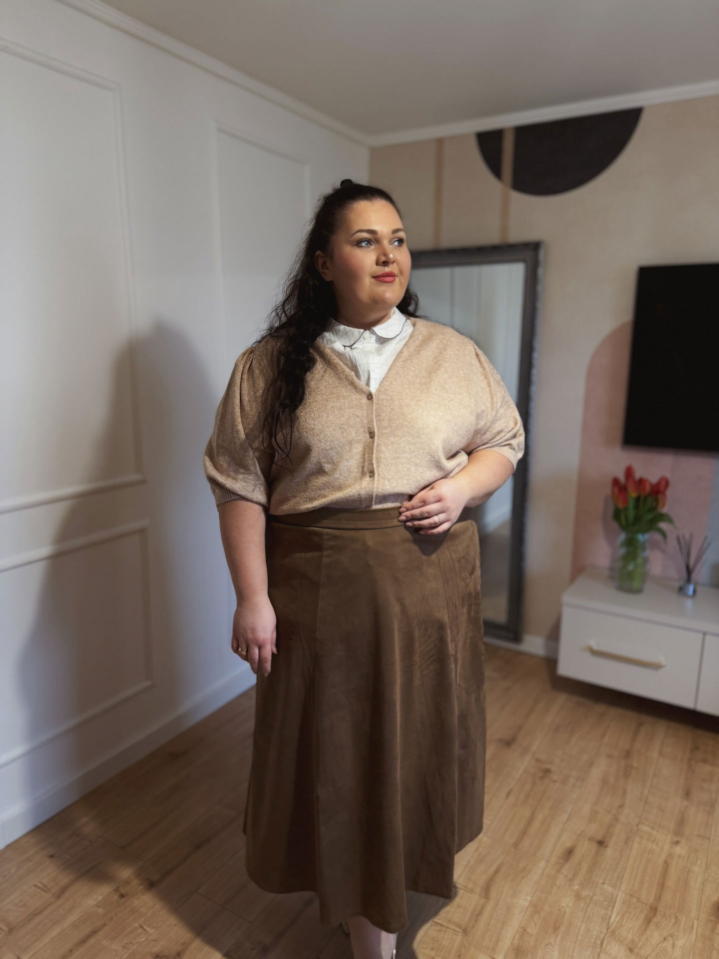 Kardigan z krótkimi bufiastymi rękawami - Beżowy - 7