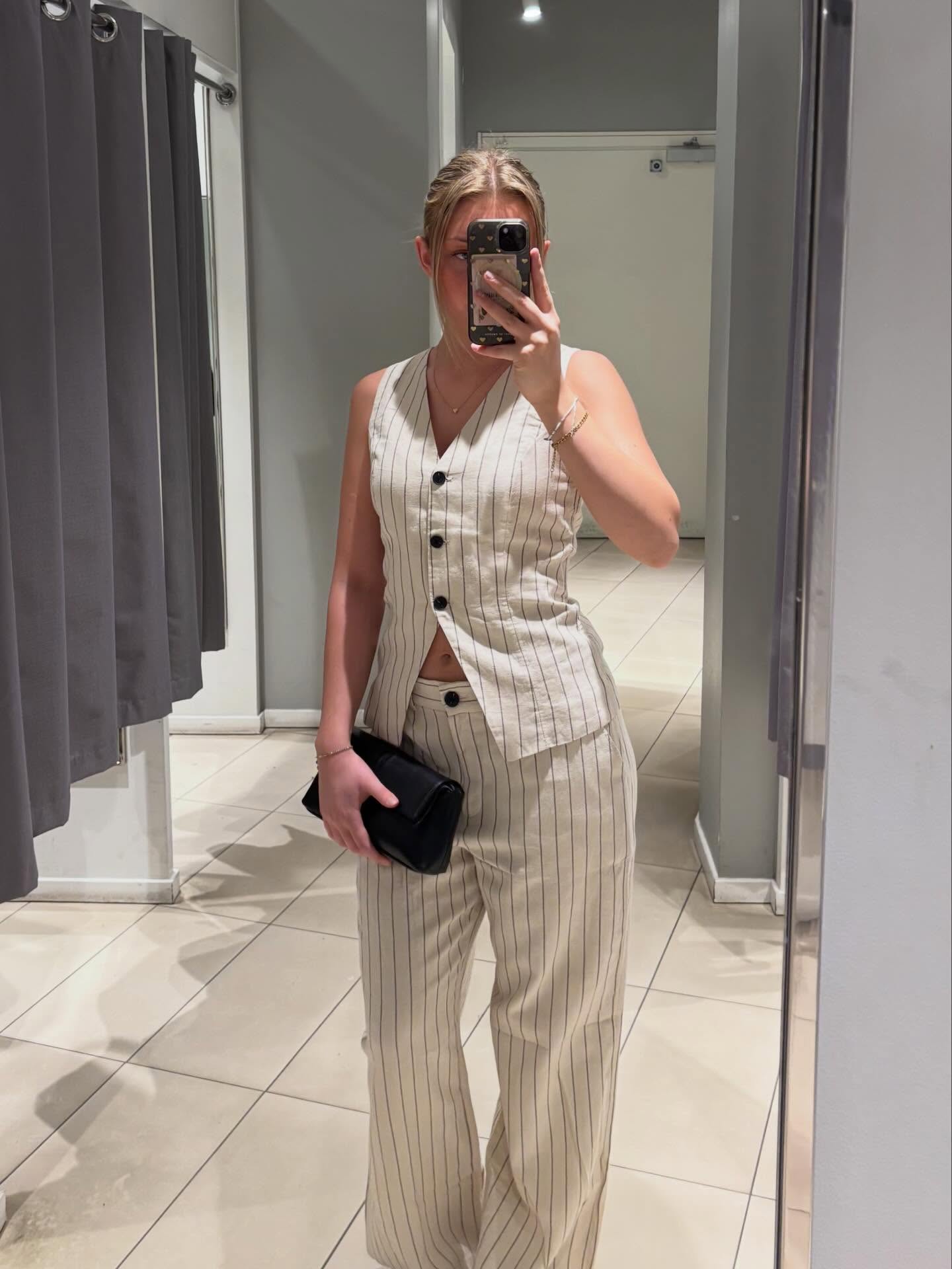 Pellavasekoitetta olevat raidalliset pukuhousut - Luonnonvalkoinen - 7