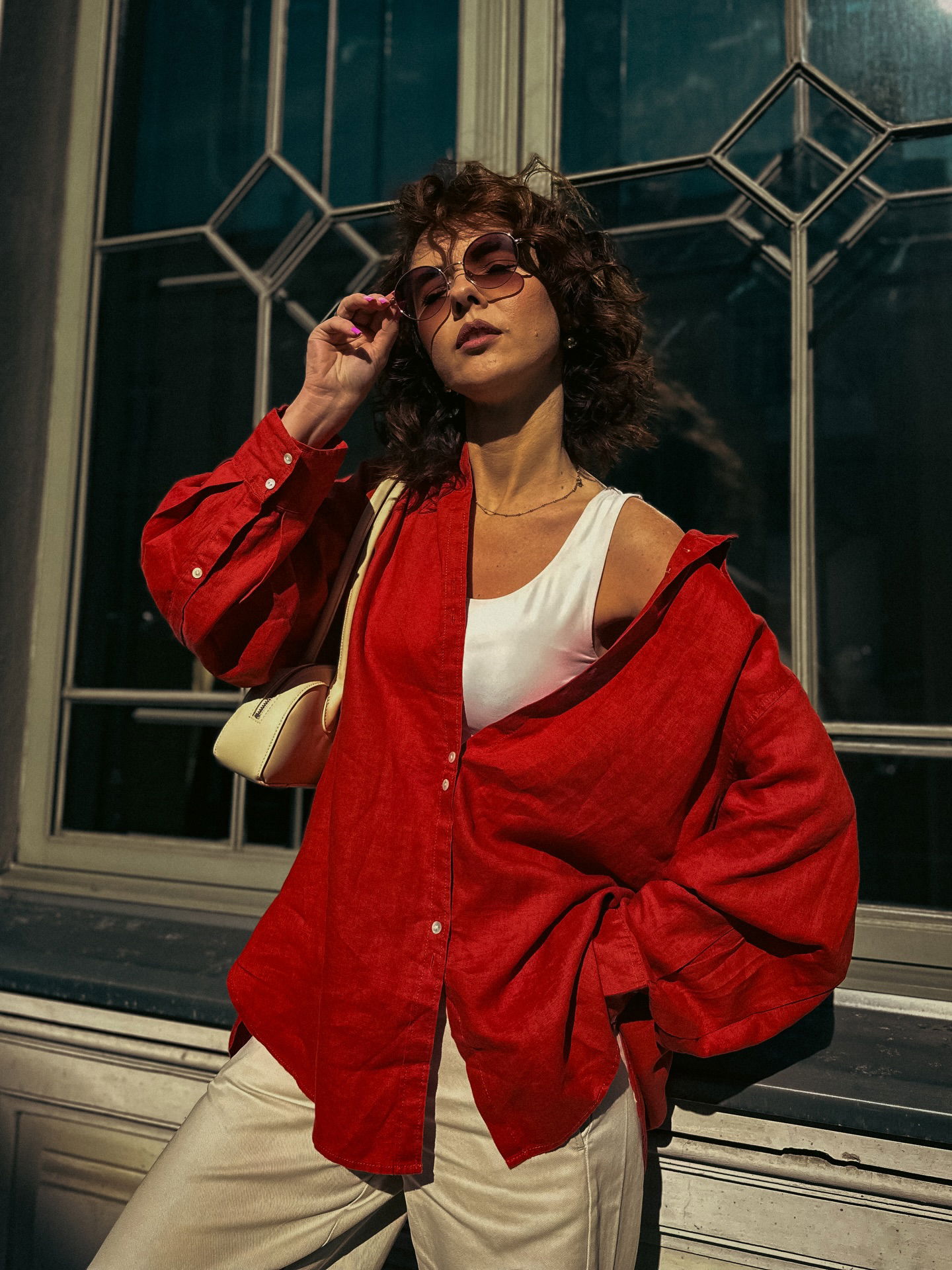 Koszula oversize z lnu - Czerwony - 9